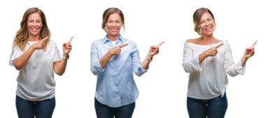 Orta yaş İspanyol kadın gülümseyerek ve iki elleri ve parmakları ile tarafına işaret kamera bakarak izole arka plan yüzünden kolaj.