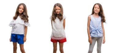 İspanyol Genç çocuk yüzünde mutlu ve güzel bir gülümseme ile izole arka plan üzerinde kolaj. Şanslı kişi.