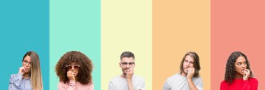 Stresli ve gergin ile renkli vintage izole arka plan üzerinde gençlerin grup kolaj tırnak ısırma dudaklarından eller. Anksiyete sorunu.