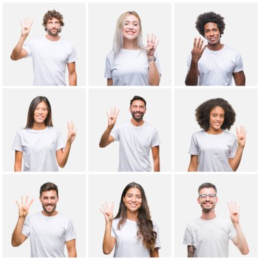 Kolaj Grup gösterilen ve parmakları ile işaret izole arka plan üzerinde rahat beyaz t-shirt giyen insan kendinden emin ve mutlu gülümseyerek süre dört numara.