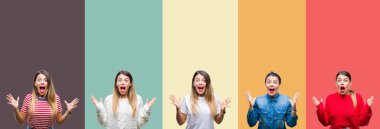 Genç güzel kadın deli kutluyor ve silah ile başarı için heyecanlı çığlık kaldırdı ve açık gözleri hayret renkli vintage izole arka plan yüzünden kolaj. Kazanan kavramı