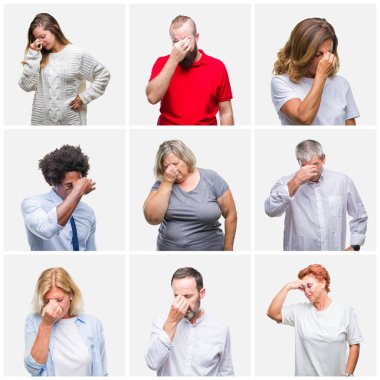 Kolaj bir Grup Genç, orta yaş ve üst düzey insanlar izole arka plan üzerinde sürtünme burun ve göz yorgunluğu ve baş ağrısı duygu yorgun. Stres ve hayal kırıklığı kavramı.