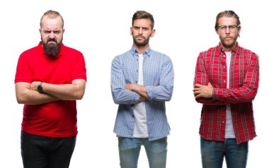 Kolaj bir grup izole arka plan şüpheci ve sinir, onaylamayan ifade yüz çapraz kolları olan genç adam. Negatif kişi.
