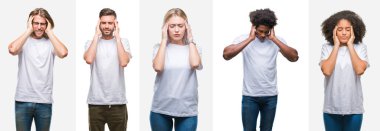 Kolaj grup üzerinde beyaz t-shirt giyen genç insan izole arka plan baş baş ağrısı için el ile çünkü stres. Migren muzdarip.