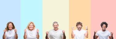 Grup Genç ve orta yaş insanlar izole renk arka plan başarı ile silah için heyecan üzerinde beyaz t-shirt giyen kolaj zafer kutluyor gülümseyen kaldırdı. Kazanan kavramı.