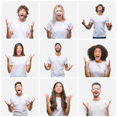 Kolaj grup izole arka plan çılgın ve kızgın bağırarak ve agresif ifade ve silah kaldırdı bağırmaya casual beyaz t-shirt giyen insan. Hayal kırıklığı kavramı.