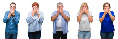 Orta yaş ve üst düzey insanlar izole arka plan ağız hata için elleriyle kapsayan şok üzerinde Grup kolaj. Gizli kavramı.