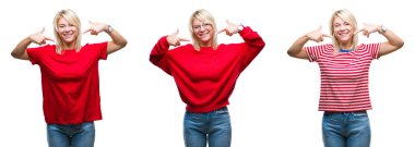 Kendinden emin gösterilen ve işaret parmakları diş ve ağız ile gülümseyen izole arka plan üzerinde rahat kırmızı giyen güzel sarışın kadın kolaj. Sağlık kavramı.