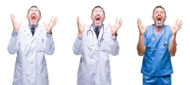 Kızgın ve silah ile başarı için deli izole arka plan kutluyor üzerinde cerrah üniforma giyen yakışıklı üst düzey ağarmış Doktor adam kolaj kaldırdı ve heyecanlı çığlık gözler kapalı. Kazanan kavramı