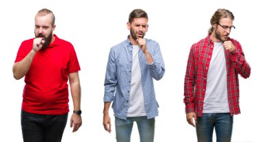 Kolaj bir grup genç duygu hasta ve soğuk veya bronşit için semptom olarak öksürük izole arka plan üzerinde. Sağlık kavramı.