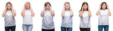 Kolaj üzerinde beyaz t-shirt giyen kadınların grup izole arka plan baş baş ağrısı için el ile çünkü stres. Migren muzdarip.