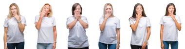 Kolaj bir grup izole arka plan üzerinde beyaz t-shirt giyen kadın el ağzıyla kapsayan yorgun esneme sıkılmış. Restless ve uyku hali.