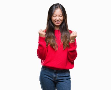 Gülümseyen ve başarı için çığlık izole arka plan çok mutlu ve heyecanlı kaldırdı, silah ile kazanan jest yapıyor üzerinde kış kazak giyen genç Asyalı kadın. Kutlama kavramı.