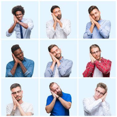 İş ve sıradan erkekler uyku yorgun hayal ve ellerle birlikte poz ile kapalı gözler gülümseyen izole arka plan üzerinde Grup kolaj.