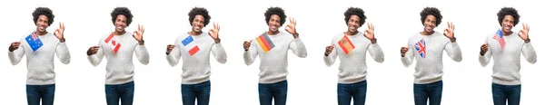 Collage Afro Americano Giovane Che Tiene Bandiere Dei Paesi Sfondo — Foto Stock