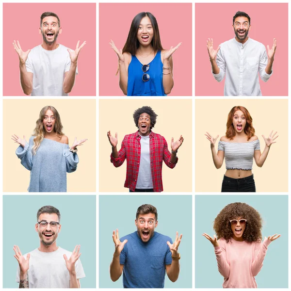 Colagem Grupo Jovens Mulher Homens Sobre Fundo Isolado Colorido Celebrando — Fotografia de Stock