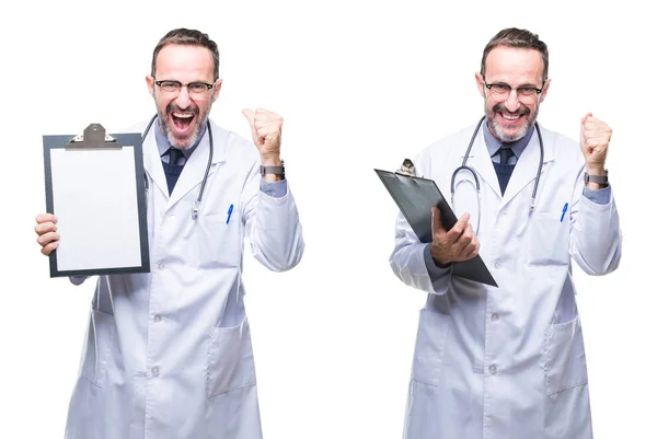 Collage Handsome Senior Hoary Doctor Man Holding Clipboard Isolated Background — Foto Stock