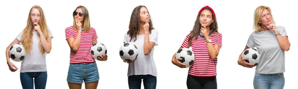 Colagem Grupo Mulheres Jovens Seniores Segurando Bola Futebol Sobre Fundo — Fotografia de Stock