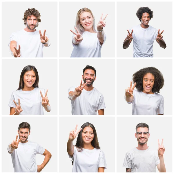 Collage Gruppo Persone Che Indossano Casual Shirt Bianca Sfondo Isolato — Foto Stock