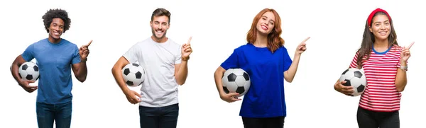 Collage People Holding Football Soccer Ball Isolated Background Very Happy — Stock Photo, Image