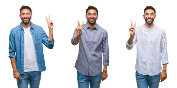 Colagem Belo Jovem Indiano Sobre Fundo Isolado Sorrindo Com Rosto — Fotografia de Stock