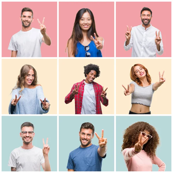 Collage Groupe Jeunes Femmes Hommes Sur Fond Isolé Coloré Souriant — Photo