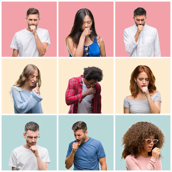 stock image Collage of group of young people woman and men over colorful isolated background feeling unwell and coughing as symptom for cold or bronchitis. Healthcare concept.