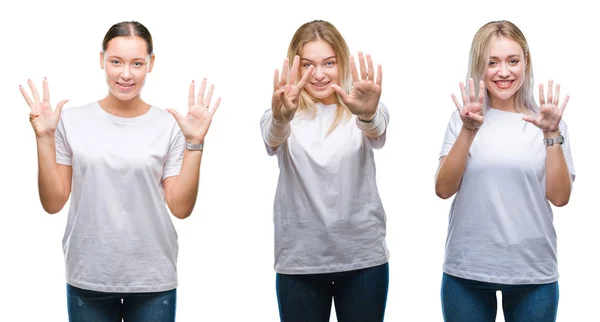 一群年轻女性在孤立的背景下穿着白色 一边用手指指着九号 一边微笑着自信和快乐 — 图库照片