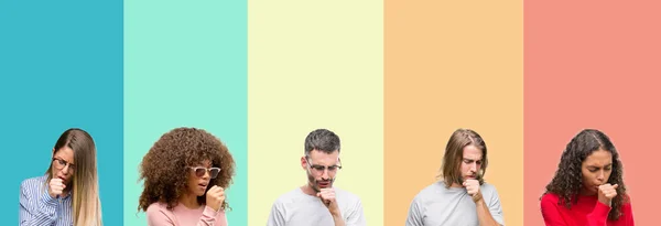 Collage Grupp Ungdomar Över Färgglada Vintage Isolerade Bakgrunden Känsla Sjukdomskänsla — Stockfoto