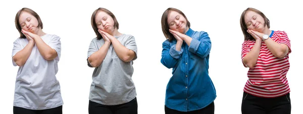 Collage Abajo Mujer Del Síndrome Sobre Fondo Aislado Durmiendo Cansado — Foto de Stock