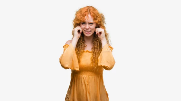 Young Redhead Woman Covering Ears Fingers Annoyed Expression Noise Loud — Stock Photo, Image