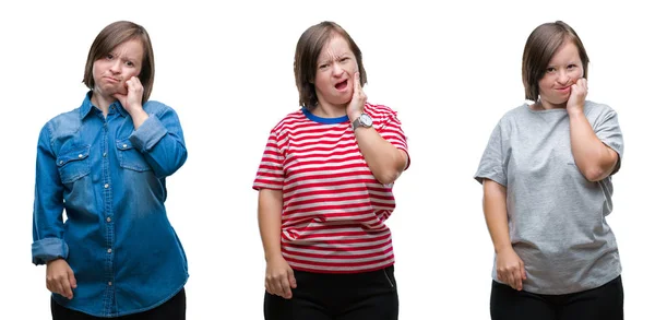 Collage Mujer Del Síndrome Sobre Fondo Aislado Tocando Boca Con — Foto de Stock