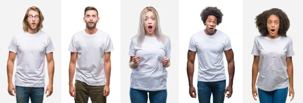 Collage Groupe Jeunes Portant Shirt Blanc Sur Fond Isolé Effrayé — Photo