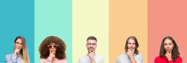 Collage Group Young People Colorful Vintage Isolated Background Looking Confident — Stock Photo, Image