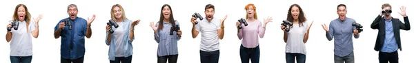 Collage Gruppo Persone Che Guardano Attraverso Binocoli Sfondo Isolato Molto — Foto Stock