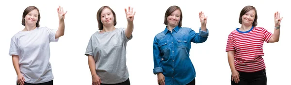 Collage Sydrome Woman Isolated Background Showing Pointing Fingers Number Four — Stock Photo, Image