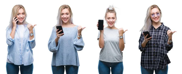 Kolaż Piękna Blondynka Młoda Kobieta Przy Użyciu Smartfona Białym Tle — Zdjęcie stockowe