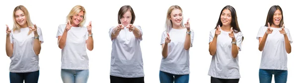 Collage Grupo Mujeres Con Camiseta Blanca Sobre Fondo Aislado Señalando —  Fotos de Stock