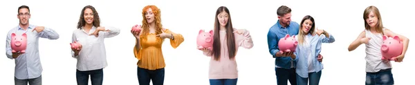 Collage Group People Saving Money Using Piggy Bank Isolated Background — Stock Photo, Image