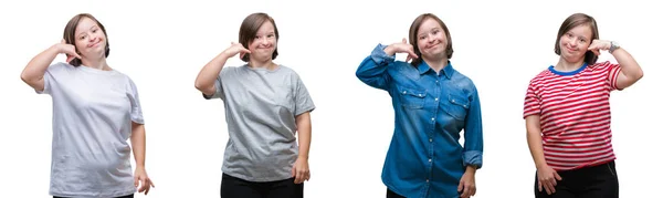 Collage Abajo Mujer Del Síndrome Sobre Fondo Aislado Sonriendo Haciendo —  Fotos de Stock