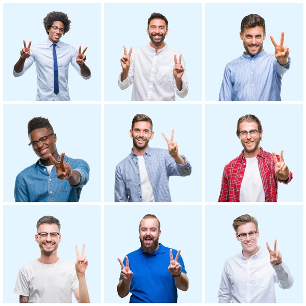 ビジネスとカジュアルな男性勝利のサインをやって指を表示するカメラを笑みを浮かべて孤立の背景の上のグループのコラージュ — ストック写真
