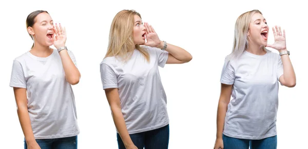 Koláž Skupiny Mladých Žen Nosí Bílé Tričko Izolované Pozadí Křičí — Stock fotografie