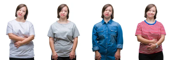 Collage Sydrome Woman Isolated Background Sticking Tongue Out Happy Funny — Stock Photo, Image