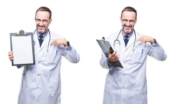 Collage Handsome Senior Hoary Doctor Man Holding Clipboard Isolated Background — Stock Photo, Image