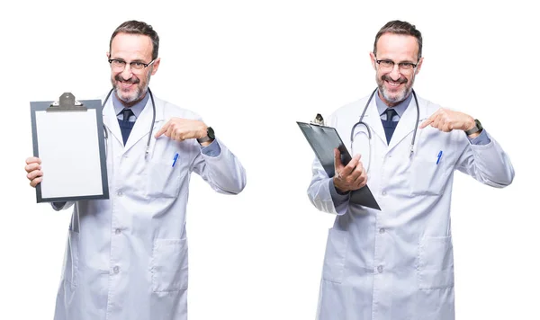 Collage Guapo Hombre Médico Alzado Senior Sosteniendo Portapapeles Sobre Fondo — Foto de Stock