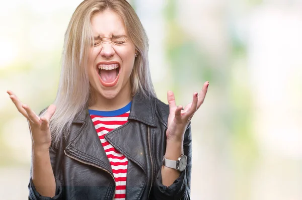 Jonge Blonde Vrouw Zwarte Jas Dragen Geïsoleerde Achtergrond Vieren Gekke — Stockfoto