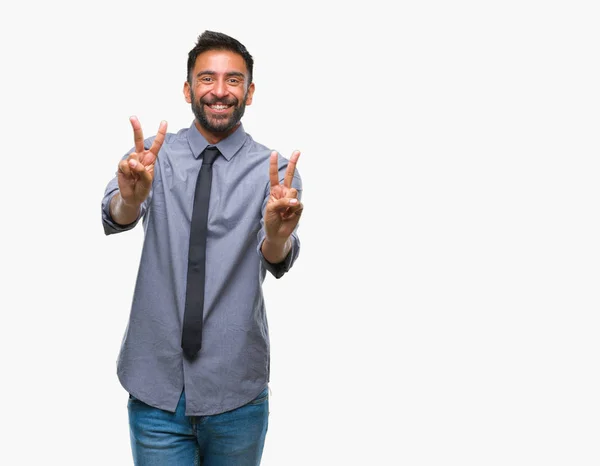 Homem Negócios Hispânico Adulto Sobre Fundo Isolado Sorrindo Olhando Para — Fotografia de Stock