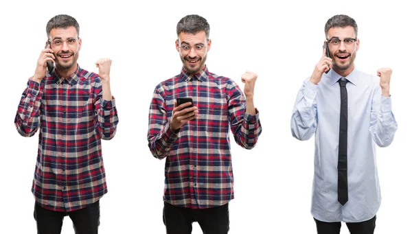年轻的商业人拼贴画使用智能手机在白色孤立的背景尖叫自豪和庆祝胜利和成功非常兴奋 欢呼情绪 — 图库照片