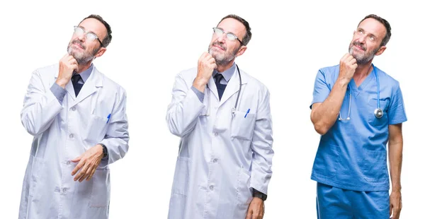 콜라주의 잘생긴 노인의 의사에 유니폼을 손으로 잠겨있는 표현에 생각에 사려깊은 — 스톡 사진