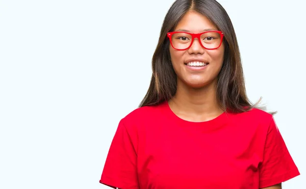 Νεαρά Ασιατικές Γυναίκα Φοράει Γυαλιά Πάνω Από Απομονωμένες Φόντο Μια — Φωτογραφία Αρχείου